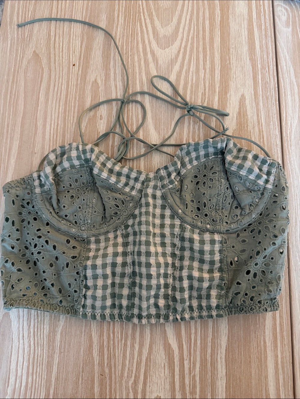 Urban Outfitters Sage Green Gingham Eyelet Bustier Crop Top